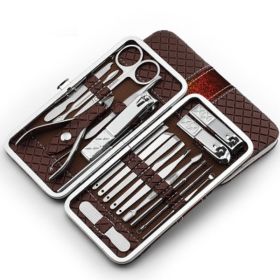 Set of 18 Pieces Nail Clipper Set & Pedicure Travel Grooming Kit with Hard Case (Color: Brown)